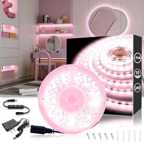 Aalnfe 10 FT Pink LED Strip Lights for Bedroom Decor 24V Dimmable Flexible LED Rope Lights LED Lights Strip Tape Lights for Romantic Wedding Girls Bedroom Party Home Indoor Decorative Lighting