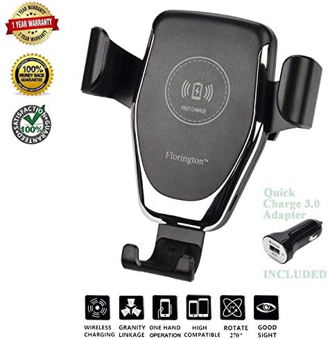 Fast Qi Wireless Car Charger, Air Vent Dashboard Mount, Mobile Hands Free Holder, 7.5W for Apple iPhone Xs Xr 8, 10W for Google Pixel 3 XL, Samsung Galaxy S9 S8, LG V40 V35 G7, Plus QC 3.0 Adapter
