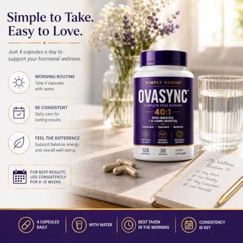 Image of Simply Human OvaSync PCOS Support Capsules | Myo-Inositol & D-Chiro Inositol with Berberine, Spearmint & Magnesium | Supports Hormonal Balance, Ovarian Health & Metabolic Wellness | 120 Capsules (30 Servings)