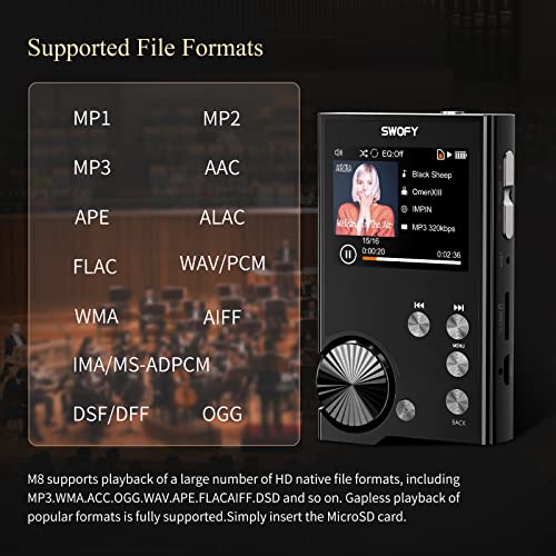 Swofy Hifi Mp3 Player Digital Audio Player Lossless Dsd High Resolution Digital Audio Music Player, Portable High Definition Portable Audio Player With 128Gb Memory Card Supports Up To 256Gb. #TOP4