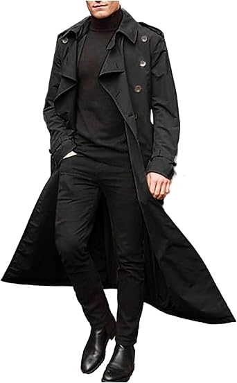 Mens Long Trench Coat Winter Slim Fit Double Breasted Notched Lapel Belt Windproof Coat Windbreaker Jackets