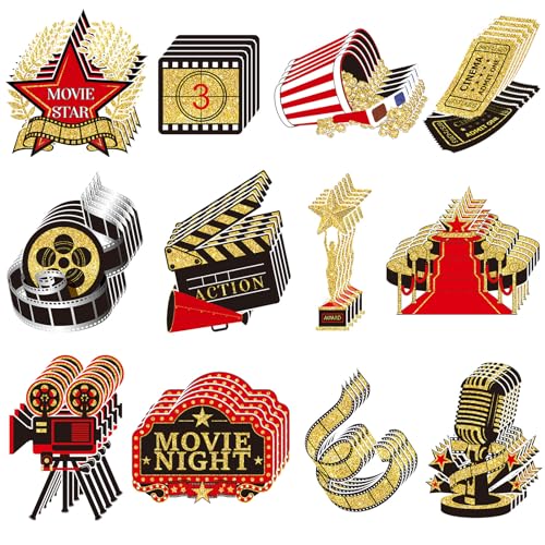 Pajean 60 Pcs Movie Night Decorations for Classroom Film Reel Cutouts Film Night Bulletin Board Decor Paper Decoration for Classroom Office Glamorous Red Carpet Party Decor, 12 Styles(Movie)