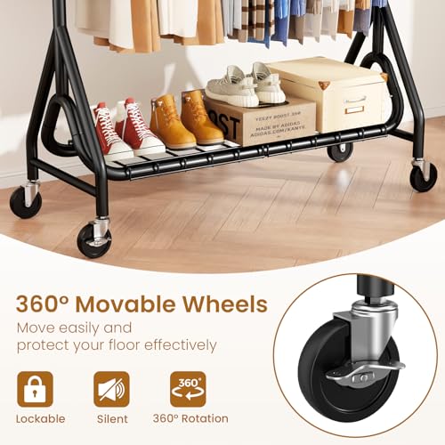Image of Double Rods Clothing Rack, Heavy Duty Clothes Rack for Hanging Clothes Load 560LBS, Metal Rolling Garment Racks with Wheels, Freestanding Clothes Hanging Racks, Black