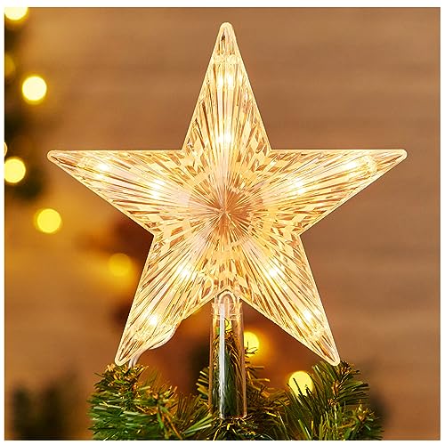 Christmas Tree Topper Lighted Star with Built-in 10 Replaceable Bulbs, 9.5” Clear Five-Pointed Star Tree Topper Plug in for Indoor Office Xmas New Year Holiday Tree Decoration, Warm White by Brightown - Used condition - US$9.30