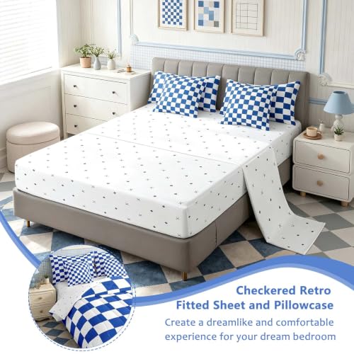 Image of Feelyou Checkered Retro 7 Piece Bedding Set Teen Women Men Blue White Plaid Comforter Set with Sheets Twin Size Kids Boys Geometric Vintage Bed in a Bag Modern Simple Groovy Aesthetic Room Decor