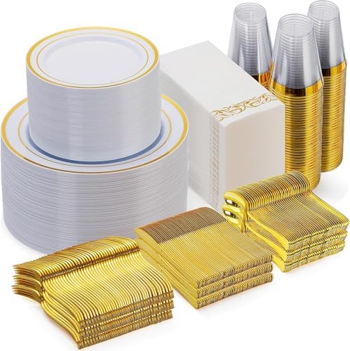 Goodluck 700 Pieces Gold Dinnerware Set for 100 Guests, Disposabl...