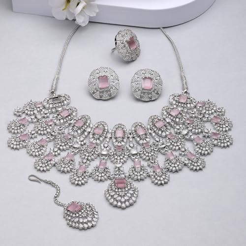 Image of ZENEME Rhodium-Plated American Diamond Studded Tasselled Necklace With Earrings Ring & MaangTikka Jewellery Set For Girls and Women