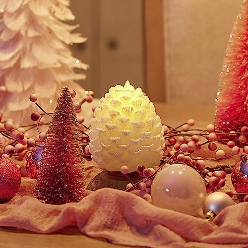Image of Luminara Pinecone Flameless Candle White Swan Glitter and Snow Finish Pine Cone Figural, Real Wax Unscented LED Candles, Battery Operated with Timer, Holiday Decoration (3.9 inch x 4.3 inch)