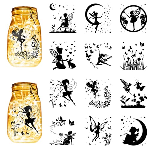 CREATCABIN 12Pcs Fairy Silhouettes Mason Jar Decor Angel Lantern Laser Cutouts Ornaments Pvc Scrapbook Embellishment for Frosted Glass Wall Windows Cars DIY Crafts Xmas Black 3.9x3.5Inch(No Sticker)
