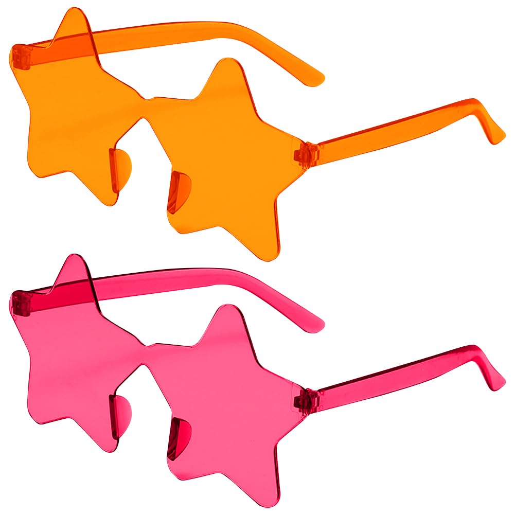 HugeDE 2 Pcs Star Shape Rimless Sunglasses Transparent Fun Sunglasses Plastic Colored Party Sunglasses Halloween Costume Sunglasses Party Favor Eyewears Hot Pink Orange