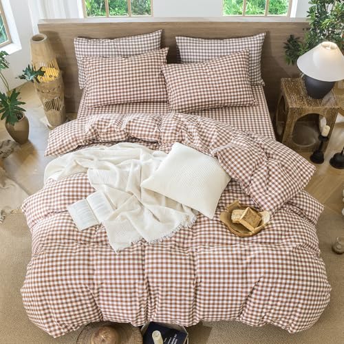 Image of MooMee Gingham Duvet Cover Set 100% Washed Cotton Linen Like Textured Breathable Durable Soft Comfy Modern Checkered Design (Dark Orange Gingham, Full 80 inchx90 inch)