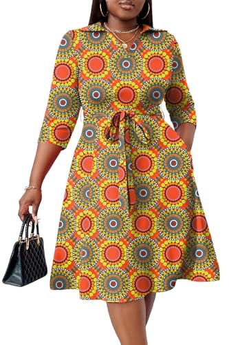 Image of FANDEE Plus Size Midi Dress for Women - Printing Summer Dresses for Wedding Guest Cocktail Party 3 /4 Sleeve V Neck(L-5XL)