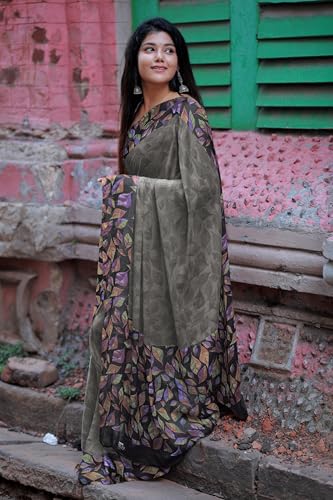 Image of MIRCHI FASHION Saree for Woman Chiffon Geometric and Leaf Printed | Lightweight Daily Regular Use Comfortable Women's Sari with Blouse Piece (Available in 15 Designs)