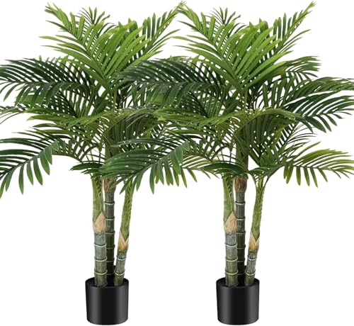 AnTing 4FT Artificial Golden Cane Palm Tree 15Leaves Faux Triple Tropical Palm Plants with Pot for...