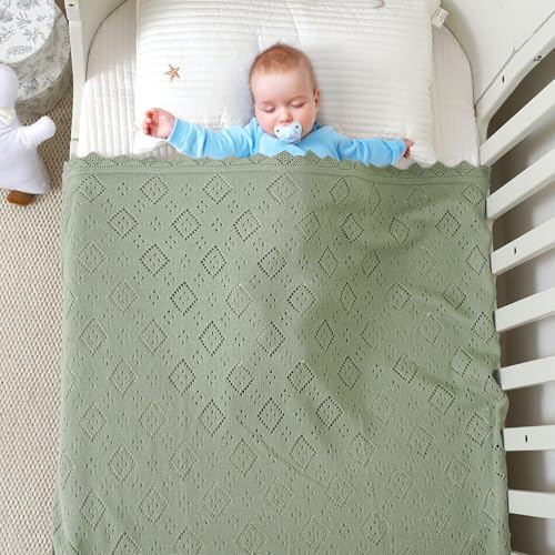 Image of mimixiong Baby Swaddle Blanket 100% Cotton Gender Neutral Pointelle Receiving Blanket for Boys Girls Cuddle Stroller Crib Blanket (Sage Green)