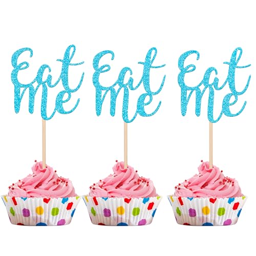 24 PCS Eat Me Cupcake Toppers Glitter Magic Alice Tea Party Cupcake Picks for Fairytale Magic Alice Theme Baby Shower Kids Boys Girls Birthday Party Cake Decorations Supplies Blue