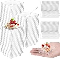 KAHEIGN 100 Pezzi Piatti da Aperitivo in Plastica con Cucchiai, 6CM Piatto Quadrato per Degustazione Dessert Ciotole Trasparenti per Antipasti Parfait Piatti da Portata Riutilizzabili per Campione