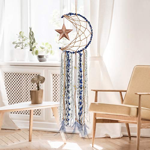 Alynsehom Dream Catchers for Kids Bedroom Handmade Star Moon Half Circle Net Blue Dream Catcher Gray Natural Feathers Wall Art Hanging Home Decorations Dorm Room Ornament Craft Gift - Thumbnail 3