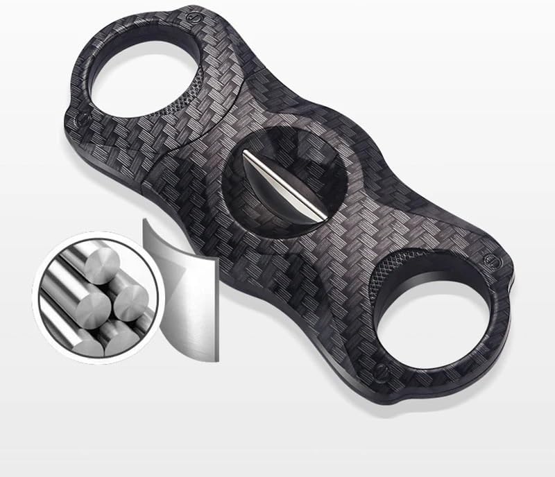 Cigar Cutter, Precision Oval Double Blade Guillotine, Carbon-Fiber Patterned Handheld Clipper, Modern Metal Accessory