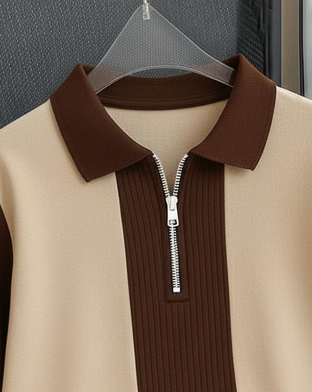 Image of AUSK Men's Textured Vertical Striped Knit Polo T-Shirt | Half Sleeve Zipper Neck Self-Design Casual Tee | Mens Tshirts