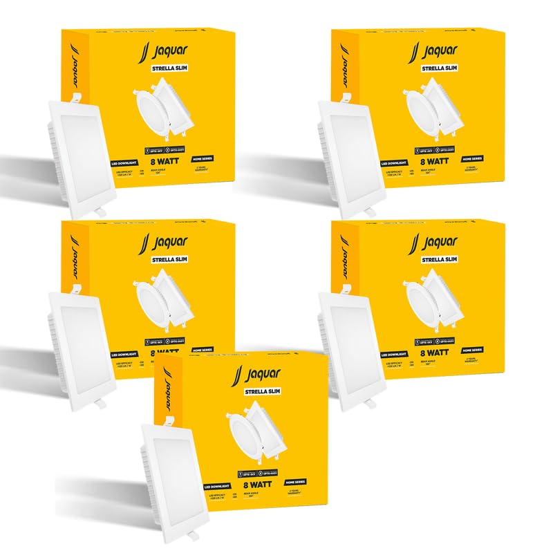 Image of Jaquar Strella Slim 8W Square Recess Down Light - Warm White, Energy Efficient LED Ceiling Light for Home and Office (Pack of 5)