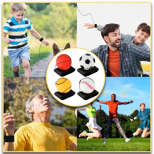 Antistressball, Springball Mit Schnur, 6 Stücke Sport Handgelenk Ball, Ø 6cm An Der Schnur, Handgelenk Return, Armband Spielzeug für Kinder Erwachsene, Fußball/Basketball/Softball/Baseball