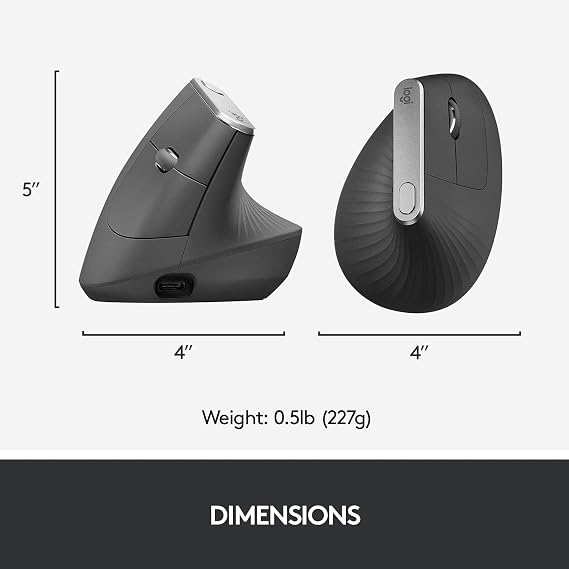 Logitech MX Vertical Wireless Mouse Ergonomic Design Reduces Muscle Strain, Move Content Between 3 Windows and Apple Computers, Rechargeable, Graphite