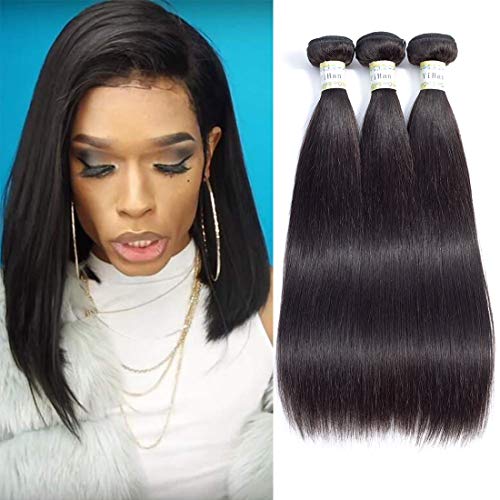 YiHan 3 Bundles Deals Brazilian Virgin Hair Straight Hair Wefts Weave Bundles 100% Unprocessed Human Hair Extensions Remy Hair 300 Gram Natural Black Color 24 26 28 Inches