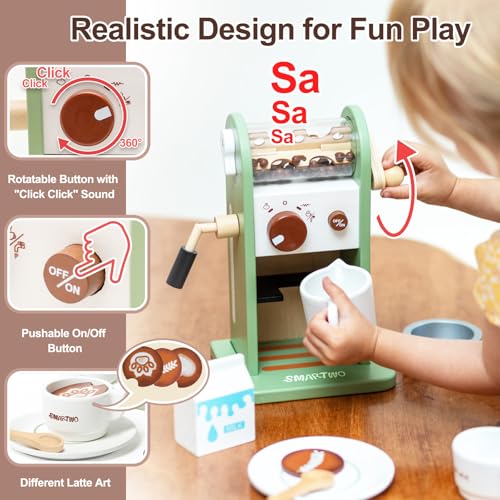 Smartwo Kaffeemaschine Kinder Holz, Kinderküche Kaffeemaschine mit Mühle, Spielküche Zubehör, Espressomaschine Holzspielzeug Set, Küchenzubehör Rollenspiele, Geschenk Mädchen ab 3 Jahre, Grün