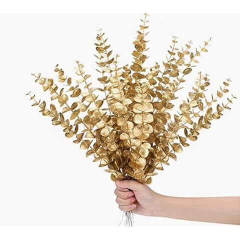 Eucalyptus Garland Artificial Flowers,10pcs Christmas Decorations Artificial Leaves,Eucalyptus Stems Plant,Artificial Flowers in Vase for Home Decoration Wedding Flower Arrangement Green Plants(Gold) Cover