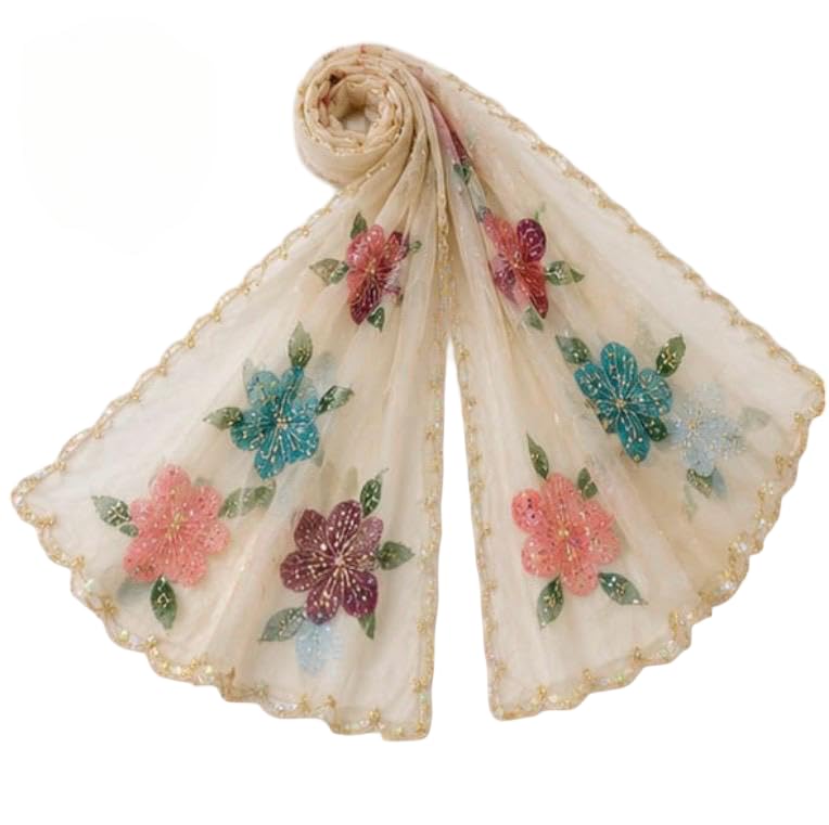Women's Organza Embroidered Dupatta with Multicolor Floral Thread Work | Sheer Dupatta | Scalloped Lace Border | Ethnic Dupatta for Kurta, Salwar Suit & Lehenga | Cream-image-9