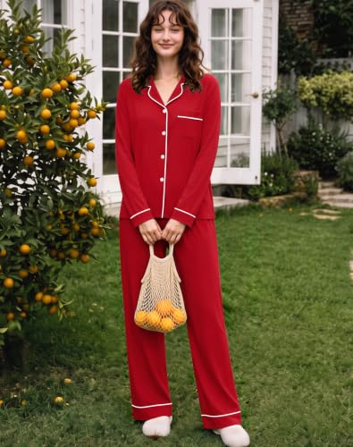 Image of SWOMOG Womens Pajamas Set Long Sleeve Sleepwear Button Down Nightwear Soft Cotton Pj Lounge Sets