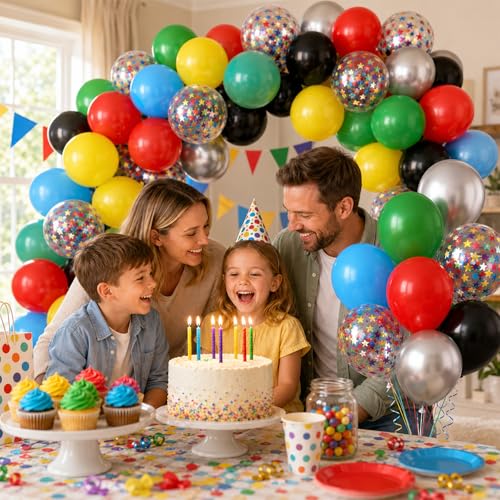 Image of Multicolor Balloons, 60Pcs Red Yellow Blue Balloon, 12 Inch Latex Colorful Metallic Silver Green Black Red Blue Yellow Confetti Balloons Helium for Baby Shower Kids Birthday Wedding Party Decorations