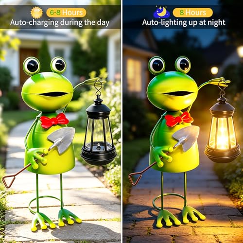 Image of VOOKRY Solar Frog Garden Statue with Lantern,Metal Frog Solar Light Outdoor | Waterproof Garden Decor Stake for Yard Patio Lawn, Garden Gifts for Mom Women Grandma, Mothers Day