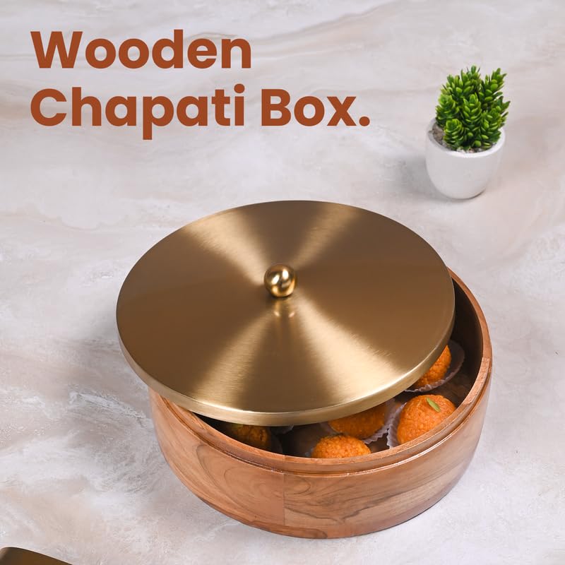 Image of Wooden Chapati Box for Kitchen - Casserole for Roti with Stainless Steel Brass Lid | Wooden Chapati Box with 1 Tong | Traditional Kitchen Organizer - Gold (Plane)
