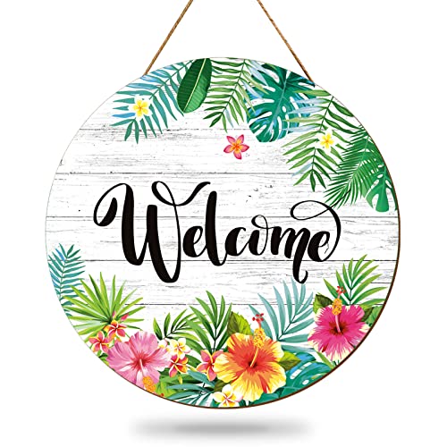 Whaline Summer Hawaiian Wooden Welcome Sign Tropical Flower Palm Leaves Hanging Door Sign Farmhouse...