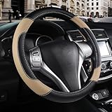 Leather Car Steering Wheel Cover, Non-Slip Car Wheel Cover Protector Breathable Microfiber Leather Universal Fit for Most Cars(Beige)