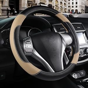 Leather Car Steering Wheel Cover, Non-Slip Car Wheel Cover Protector Breathable Microfiber Leather Universal Fit for Most Cars(Beige)
