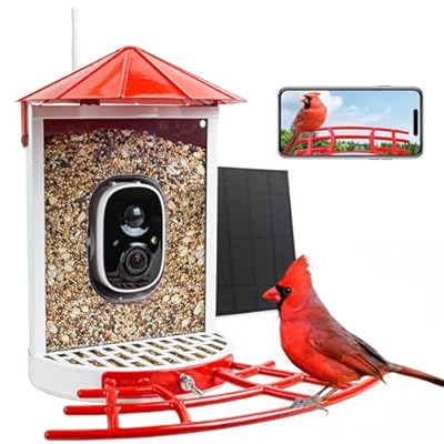 Smart Bird Feeder with Camera Solar, Auto Capture Bird Videos & Motion Detection, Birds Watching Camera Notify in Time, Metal Birds Feeder with Seed Guard, Ideal Present for Mom (Red)