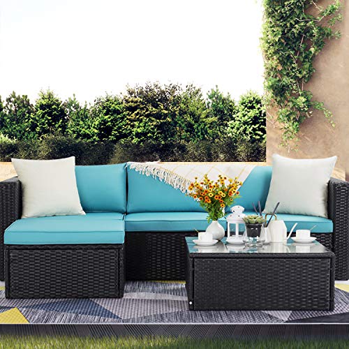 VITESSE 5 Pieces Patio Furniture Sectional Sets, Outdoor All-Weather PE Rattan Wicker Lawn Conversation Sets, Garden Sofa Set with Coffee Table and Washable Couch Cushions (Tiffany Blue) - Thumbnail 7