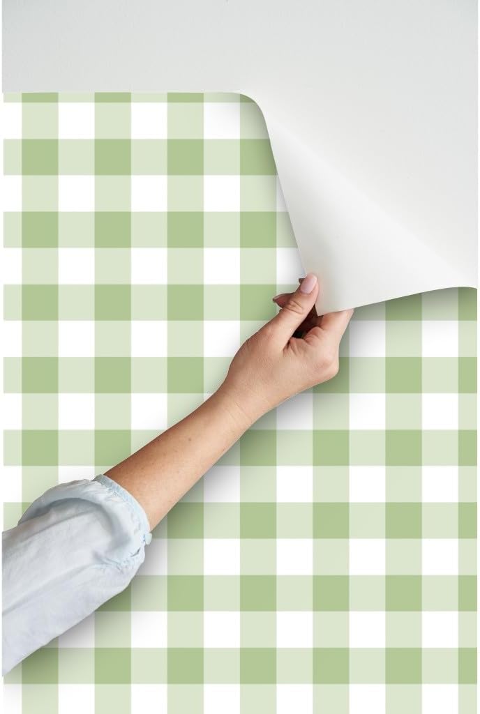 Peel & Stick Wallpaper 3ft x 2ft - Bold Check Plaid Tartan Buffalo Green White Swedish Geometric Classic Home Decor Kitchen Custom Removable Wallpaper by Spoonflower