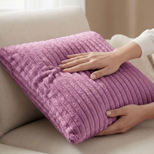 Image of Yellow Weaves Pencil-Stripe Fur Cushion Covers | Soft Polyester | Decorative Sofa & Throw Pillow Covers | 16x16 Inches, Pack of 1 (Purple)