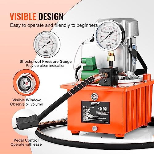 Image of VEVOR 10000 PSI 750W 110V, 488 in /8L Capacity, Single Acting Solenoid Valve, Electric Driven Hydraulic Pump Power Pack Unit with Pedal Switch for Punching /Bending /Jack Machine, Orange | For Punching, Jack Machine, Single Acting Solenoid Valve, Electric Driven Hydraulic Pump Power Pack Unit with Pedal Switch