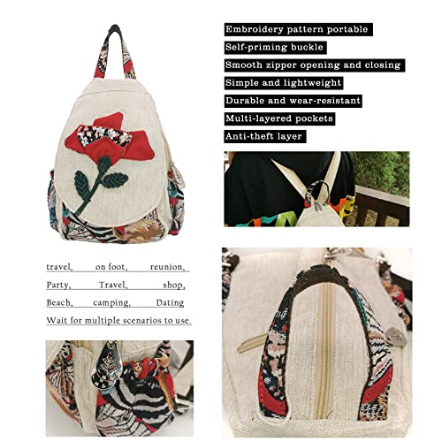 Image of Small Canvas Backpack, Retro Boho Washed Hippie for Women Daily Commute (Safflower Decorations)