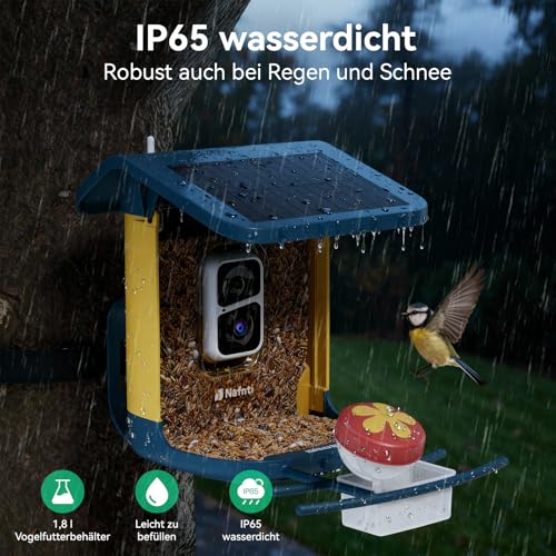 2K Vogelhaus mit Kamera, solarbetrieben, KI identifiziert über 10.000 Vogelarten, 1.8L, IP65 wasserdicht, 2,4 GHz/5 GHz, Vogelbox-Kamera mit Vollfarb-Nachtsicht, Geschenk für Vogelliebhaber