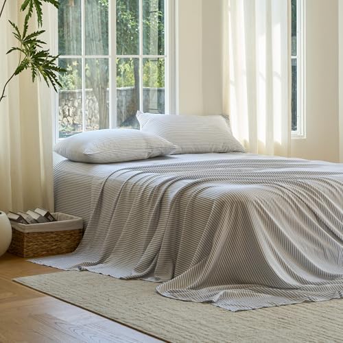 Image of DOZ Sheet Set, 100% Viscose derived from Bamboo, Organically Grown, Buttery Soft, Cooling Sheets, High GSM, Deep Pockets - 3 Piece - 2 Pillowcases 1 Fitted Sheet (Stripe, Full)