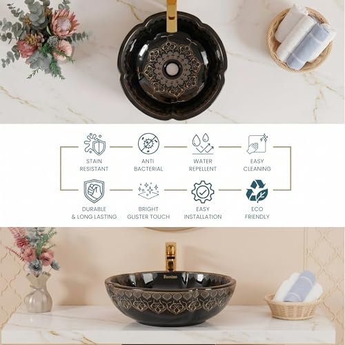 Image of BASSINO 16.5x16.5x5 Inches Moroccan Ceramic Table Top Wash Basin /Glossy Black Designer Bowl Sink for Bathroom /Vanity Sink /Handcrafted Flower Shape Countertop Washbasin for Office /Hotel(Glossy)