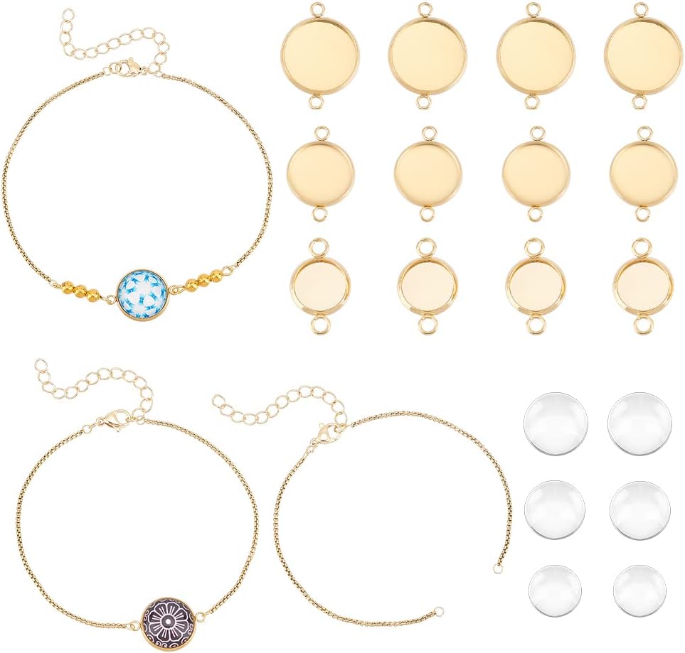 UNICRAFTALE 12 Sets Adjustable Bracelets Making Kit 304 Stainless Steel Cabochon Bracelets Pendants Blank Bracelet Bezel Golden Cable Chain Bracelet with Clear Glass Cabochons for Bracelet Making