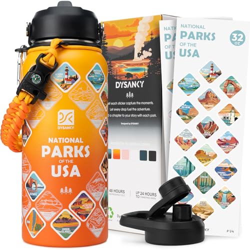 DYSANKY National Parks Water Bottle 32 oz Insulated Stainless Steel Water Jug with 63 Hand-Drawn Park Stickers Outdoor Accessories & Gift Box BPA-Free Ideal for Hiking Camping & Travel