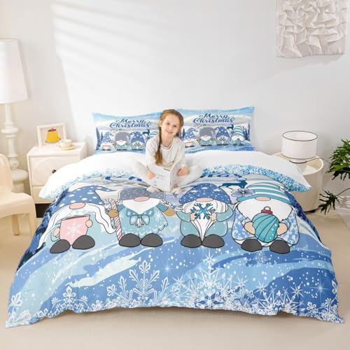 Merry Christmas Kids Duvet Cover Set Full Size,Cute Gnomes Snowflake Romantic Bedding Set,Girls Boys Adults Xmas Decor,Santa Claus Cartoon Comforter Cover,Blue Rustic Quilt Cover,2 Pillowcases